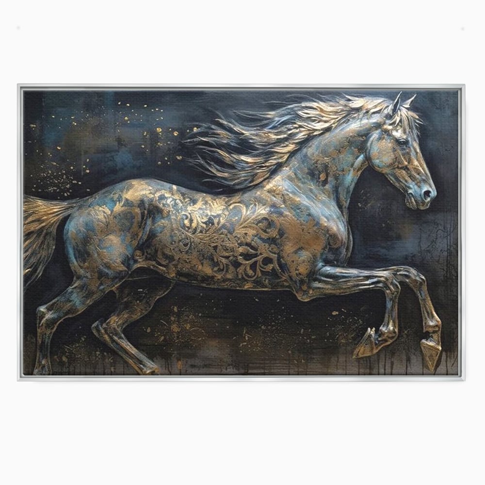 Tablou canvas cu tablou canvas cu armasar in galop, in rama de aluminiu argintiu